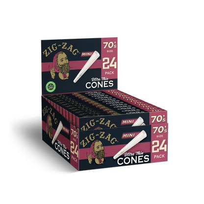 Ultra thin mini cones 24-pack Zig-Zag display box featuring slim white cones in compact magenta-branded cartons.