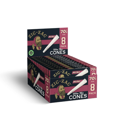 Ultra thin mini cones 8-pack by Zig-Zag in display box with white cones and bold magenta and black packaging.