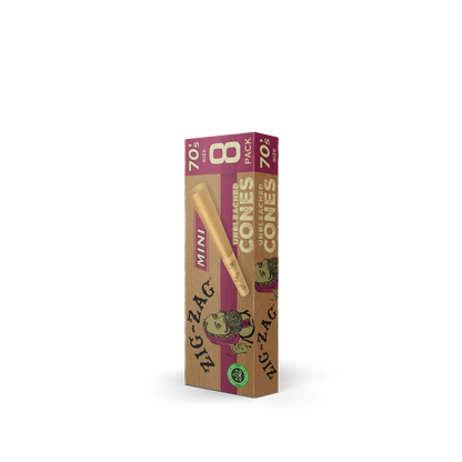 Unbleached mini cones in 70's size from Zig-Zag, shown in an 8-pack eco-friendly brown and purple box.