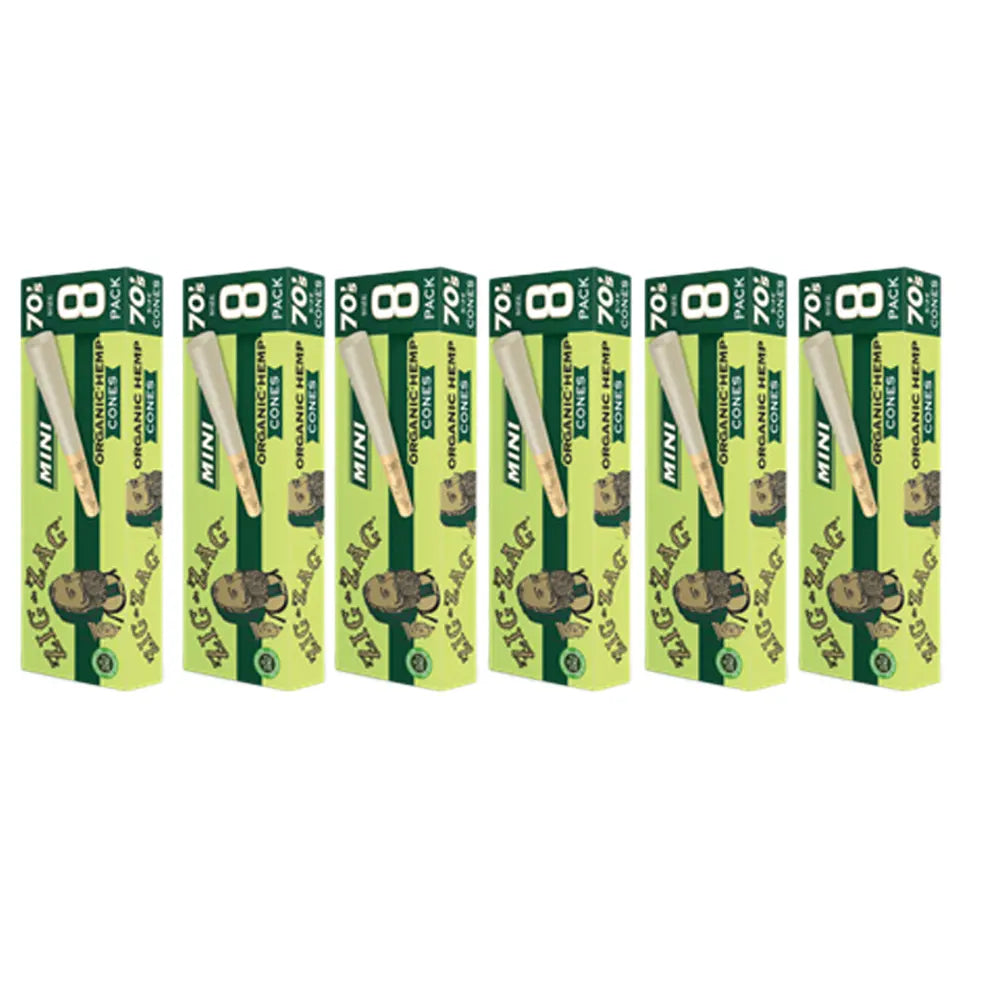 Pre rolled cones in Zig-Zag mini 8-pack boxes made from organic hemp, arranged in a row on white background.