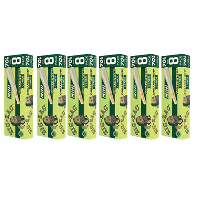 Pre rolled cones in Zig-Zag mini 8-pack boxes made from organic hemp, arranged in a row on white background.