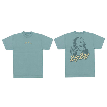 Zig-Zag t-shirt in teal featuring a small front logo and a large vintage-style graphic design on the back.