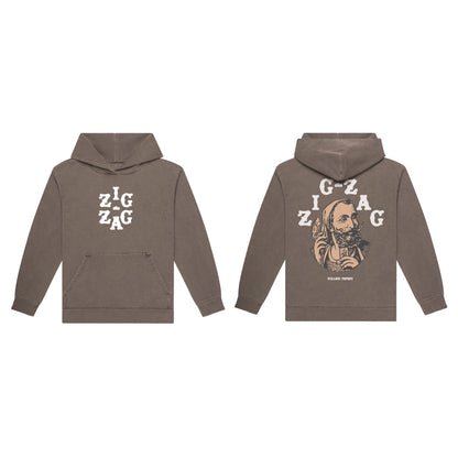 Zig-Zag hoodie in brown featuring a front logo and a large vintage graphic design on the back.