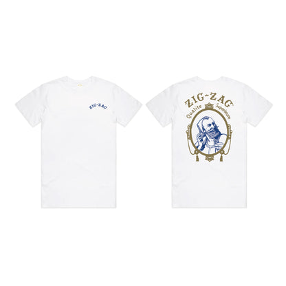 White Zig-Zag t-shirt with small logo on front and vintage graphic with gold lettering on the back.