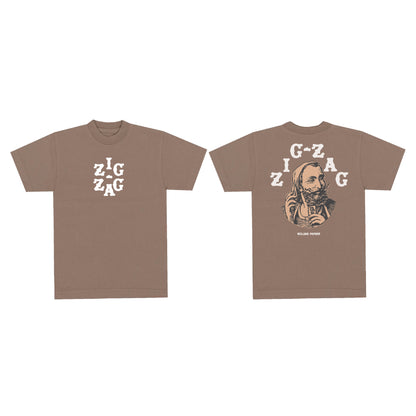 Zig-Zag t-shirt in brown featuring the logo on the front and a large graphic design on the back.
