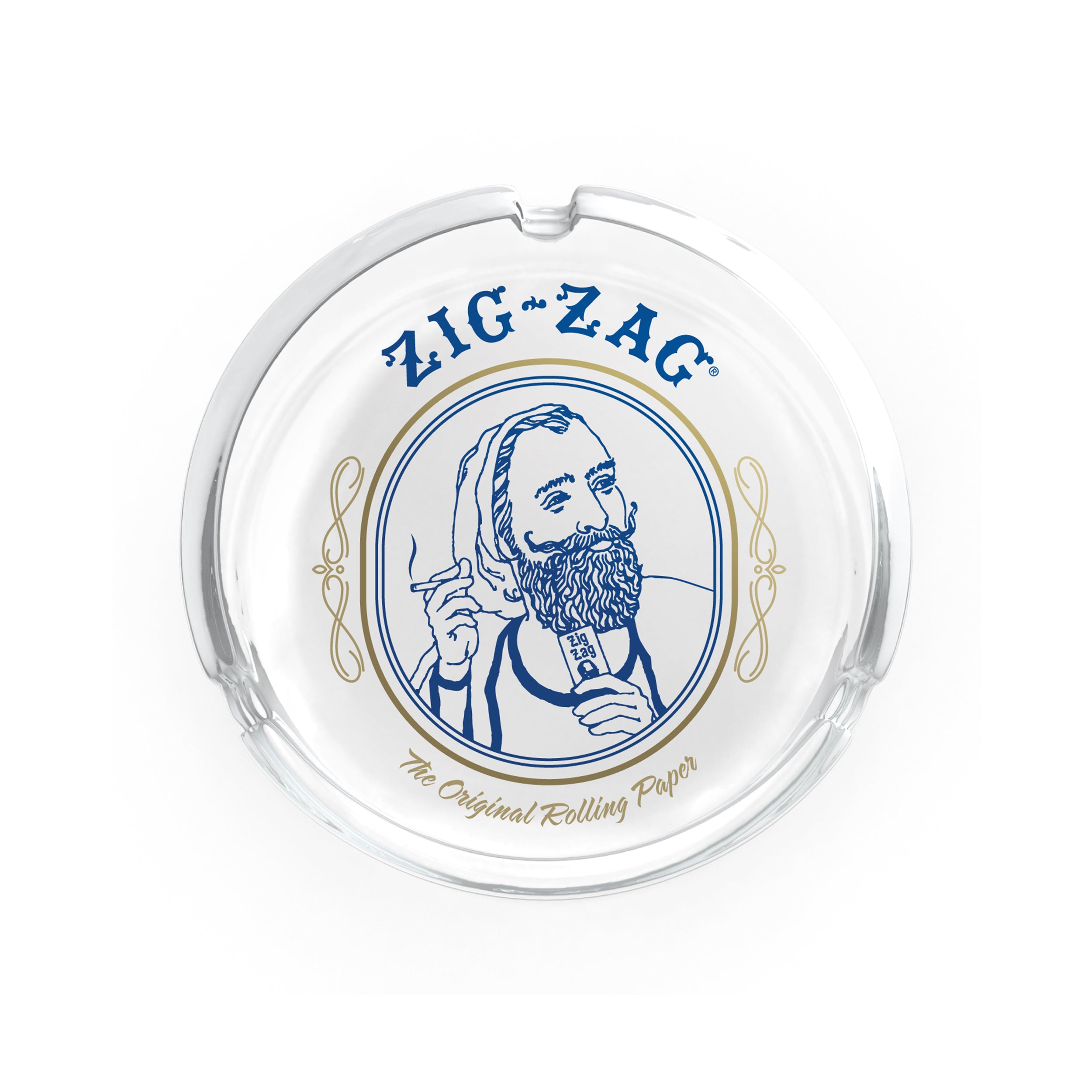 White ashtray featuring Zig-Zag logo with vintage bearded man illustration and gold accents on a clear glass base.