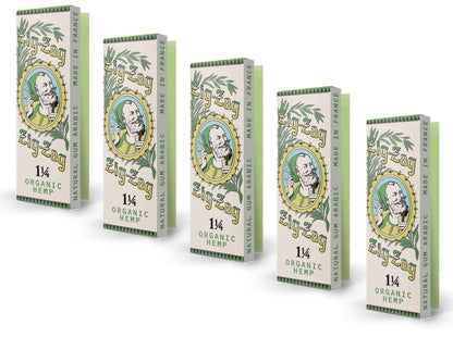 1 1/4 hemp rolling papers made with natural gum Arabic and Zig-Zag branding in a five pack display.