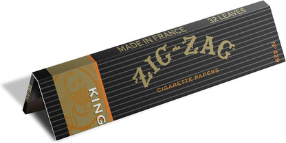 King size rolling papers from Zig-Zag featuring black and gold striped packaging with 32 leaves and made in France.