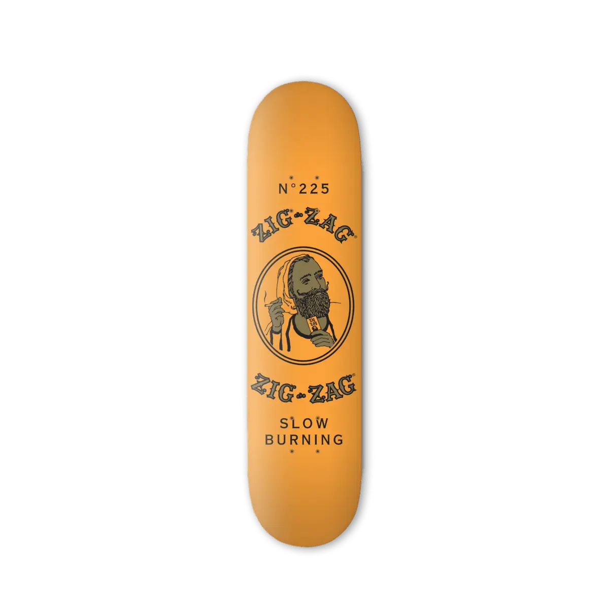 Orange skate deck featuring Zig-Zag No. 225 slow burning design with iconic bearded logo centered on the board.