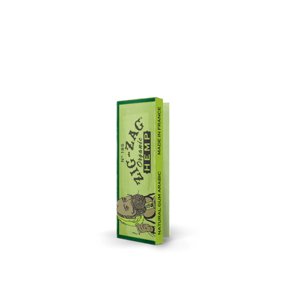 Organic hemp papers by Zig-Zag made in France with natural gum arabic and vibrant green packaging.