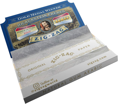 Natural rolling papers from Zig-Zag featuring classic branding, gold accents, and made with natural gum Arabic.