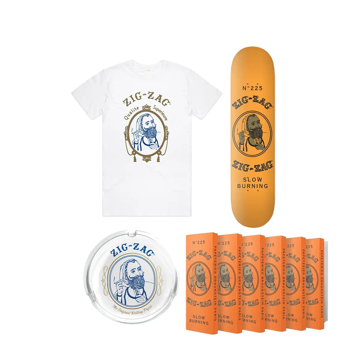 Zig Zag skater bundle pack featuring white logo shirt, orange skate deck, clear ashtray, and six slow burning paper packs.