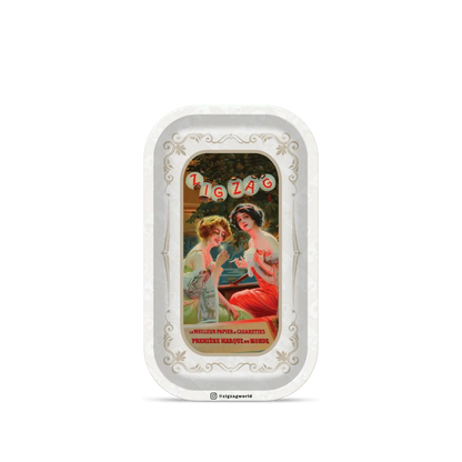 Small vintage rolling tray with classic Zig-Zag artwork of two women and decorative border in an elegant retro design.