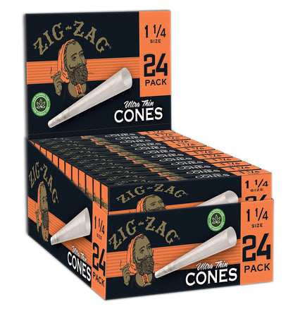 Zig-Zag 1 1/4 size Ultra Thin Cones in a 24-pack display box featuring lightweight pre-rolled cones for a smooth burn.