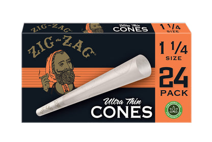Close-up of Zig-Zag Ultra Thin Cones 24-pack box in 1 1/4 size, highlighting the translucent paper and classic branding.