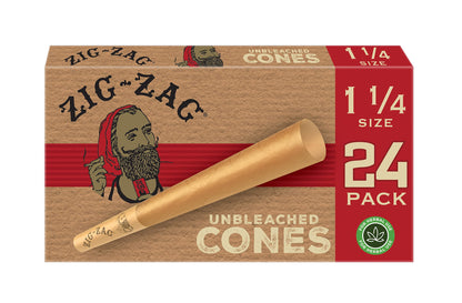 Unbleached cones carton from Zig-Zag featuring a 24-pack of 1 1/4 size pre-rolled cones with branded filter tips.