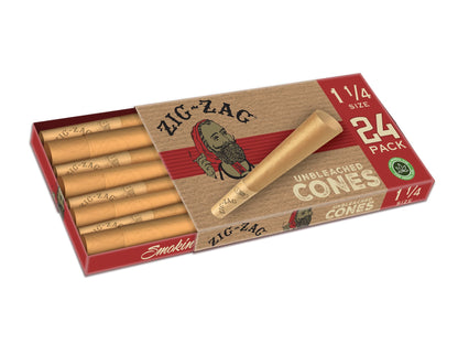 Carton of 1 1/4 unbleached cones by Zig-Zag with open box showing multiple pre-rolled cones inside.