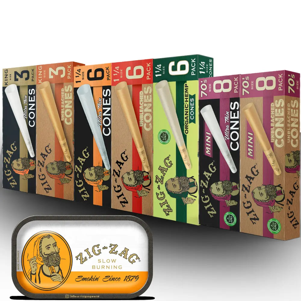 Cones for smoking in various Zig-Zag packs with rolling tray featuring vintage Zig-Zag logo on a white background.