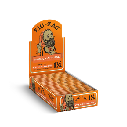 Natural 1 1/4 rolling papers from Zig-Zag in French Orange packs, made from dye-free, non-GMO, vegan natural fibers.