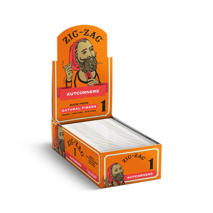 Rolling paper carton of Zig-Zag Kutcorners made from natural fibers, featuring orange packaging and classic bearded logo.
