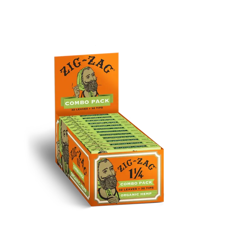 Zig-Zag 1¼ combo pack of rolling papers and tips, featuring organic hemp papers in a display box