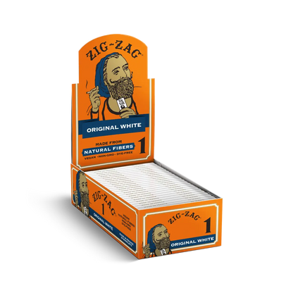 Zig-Zag Original White rolling papers display box, made from natural fibers, vegan, non-GMO, and dye-free.