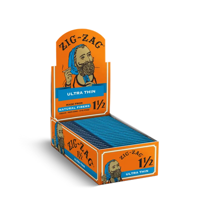 Zig-Zag 1½ ultra-thin rolling papers display box featuring packs made from natural fibers