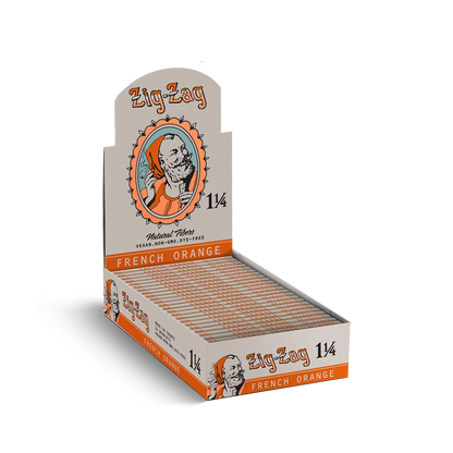Zig-Zag French Orange 1 1/4 papers display box, featuring natural fibers and vibrant orange-themed packaging.