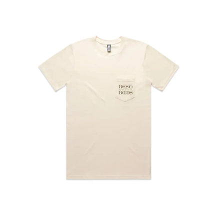 Beige t-shirt with front chest pocket featuring "Best Buds" text design.