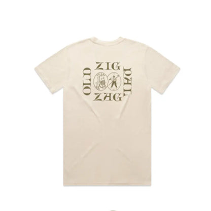 Off white t-shirt featuring large Old Pal and Zig-Zag graphic design printed on the back.