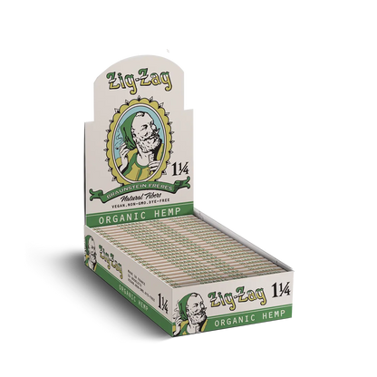 Zig-Zag 1 1/4 Organic Hemp rolling papers display box, made with natural fibers and eco-friendly green packaging.