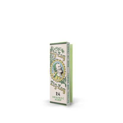 Zig-Zag 1 1/4 Organic Hemp rolling papers featuring natural gum Arabic and eco-friendly green packaging.