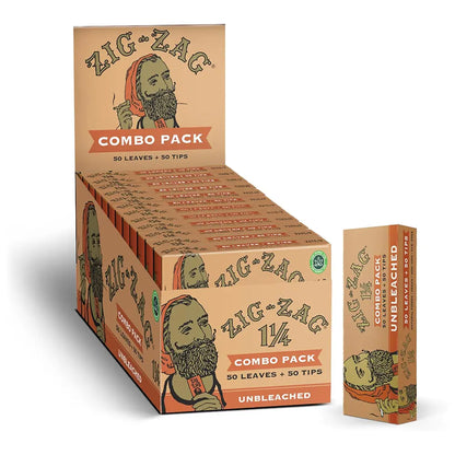 Unbleached cones combo pack by Zig-Zag featuring 50 leaves and 50 tips in a 1¼ size retail display box.