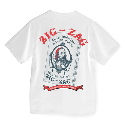 White Zig-Zag t-shirt featuring a large vintage rolling papers graphic with red and black print on the back.