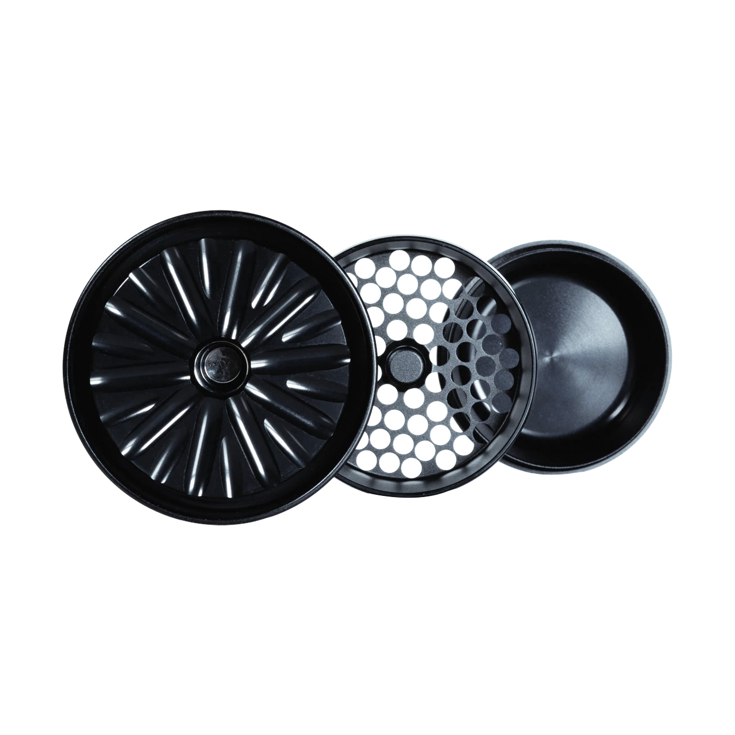 Black grinder with a fan-blade lid design, mesh screen, and multiple detachable compartments for efficient grinding.