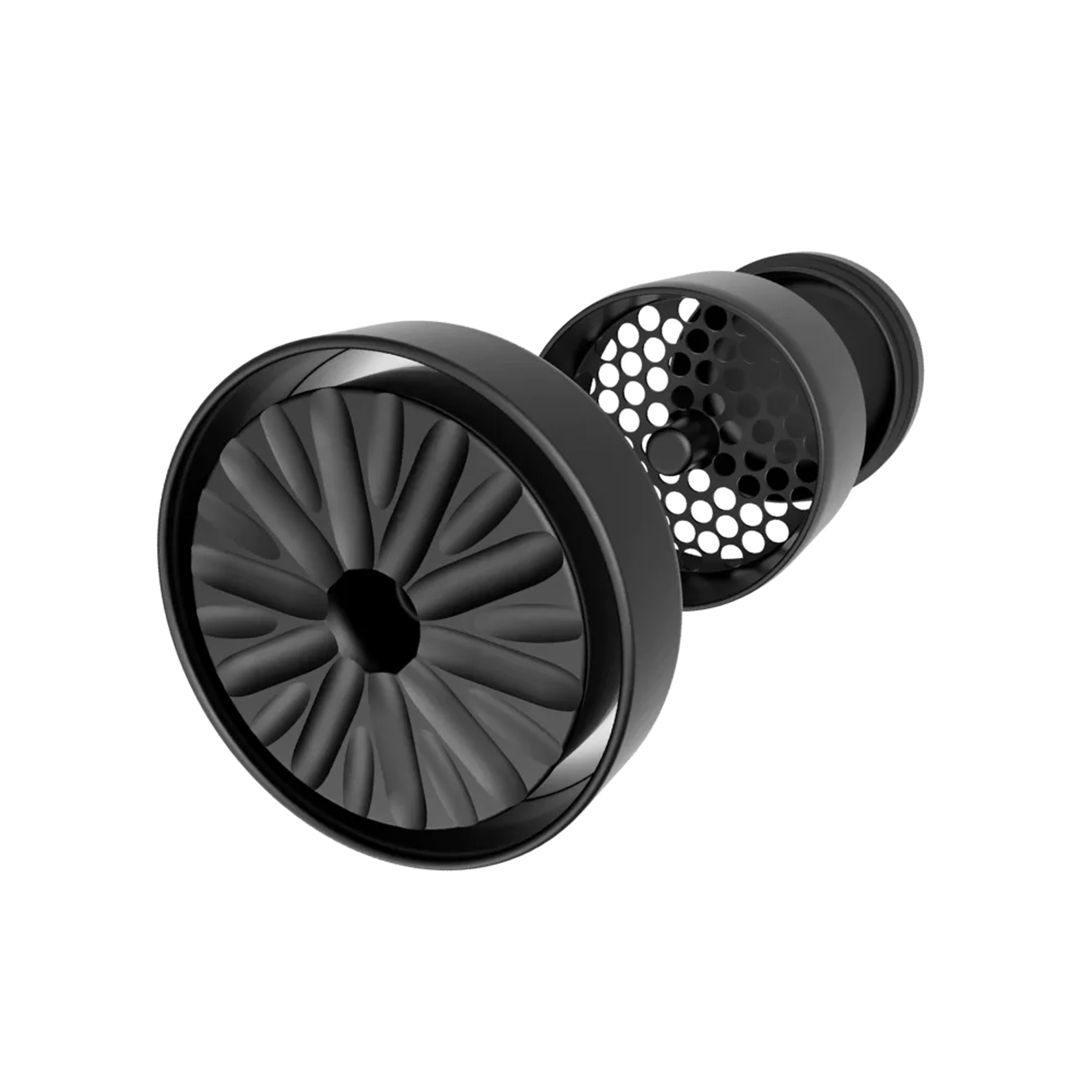 Black grinder with a unique fan-blade design and multi-piece construction, featuring a fine mesh screen.